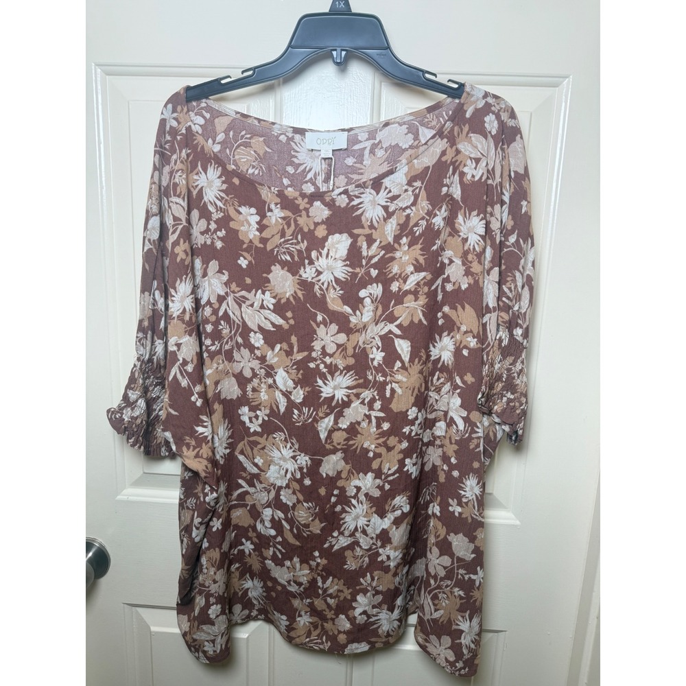ODDI Womens 1XL Floral Smocked Cuff Blouse Brown Boho Rayon Top NWT